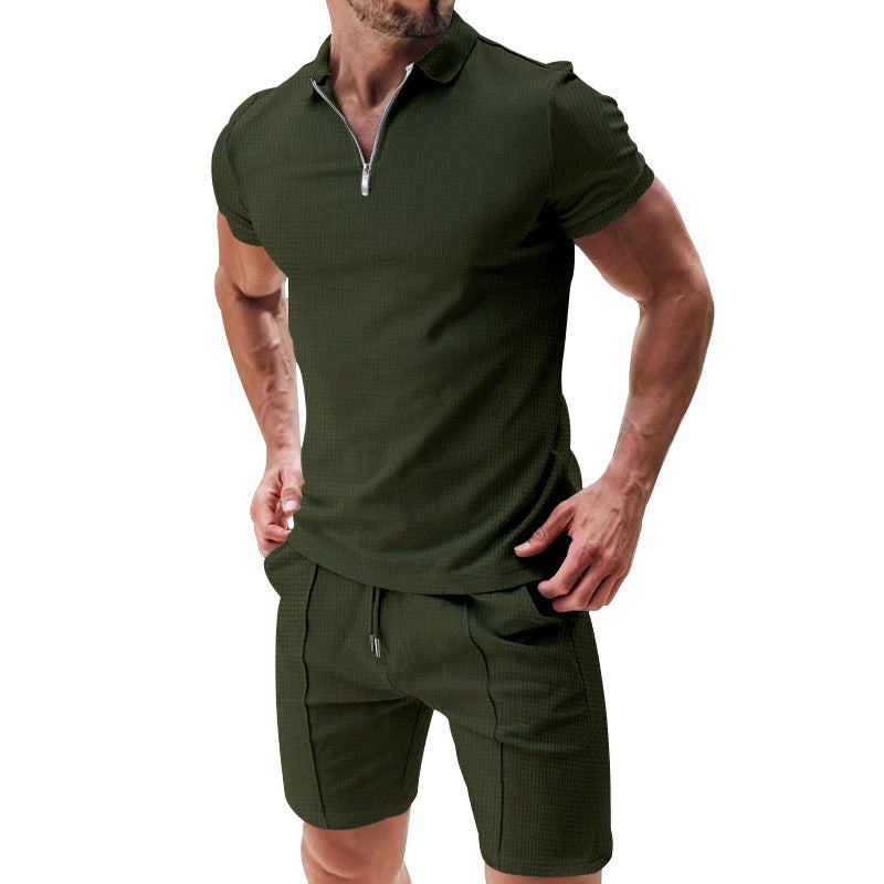 2Pcs Casual Waffle Suit Summer Zipper Lapel Short-sleeved Top And Drawstring Pockets Shorts Versatile Solid Color T-shirt Set For Mens Clothing - 𝓢𝓱𝓸𝓹𝓵𝓮𝓬𝔂