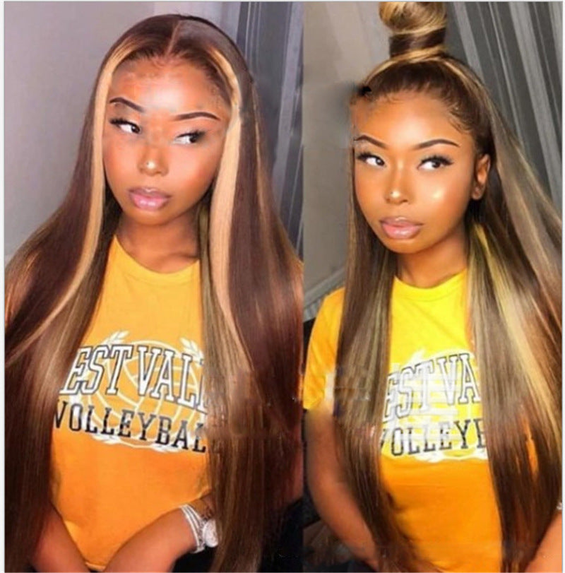 Mid-length straight hair brown pick golden long hair synthetic headgear - 𝓢𝓱𝓸𝓹𝓵𝓮𝓬𝔂