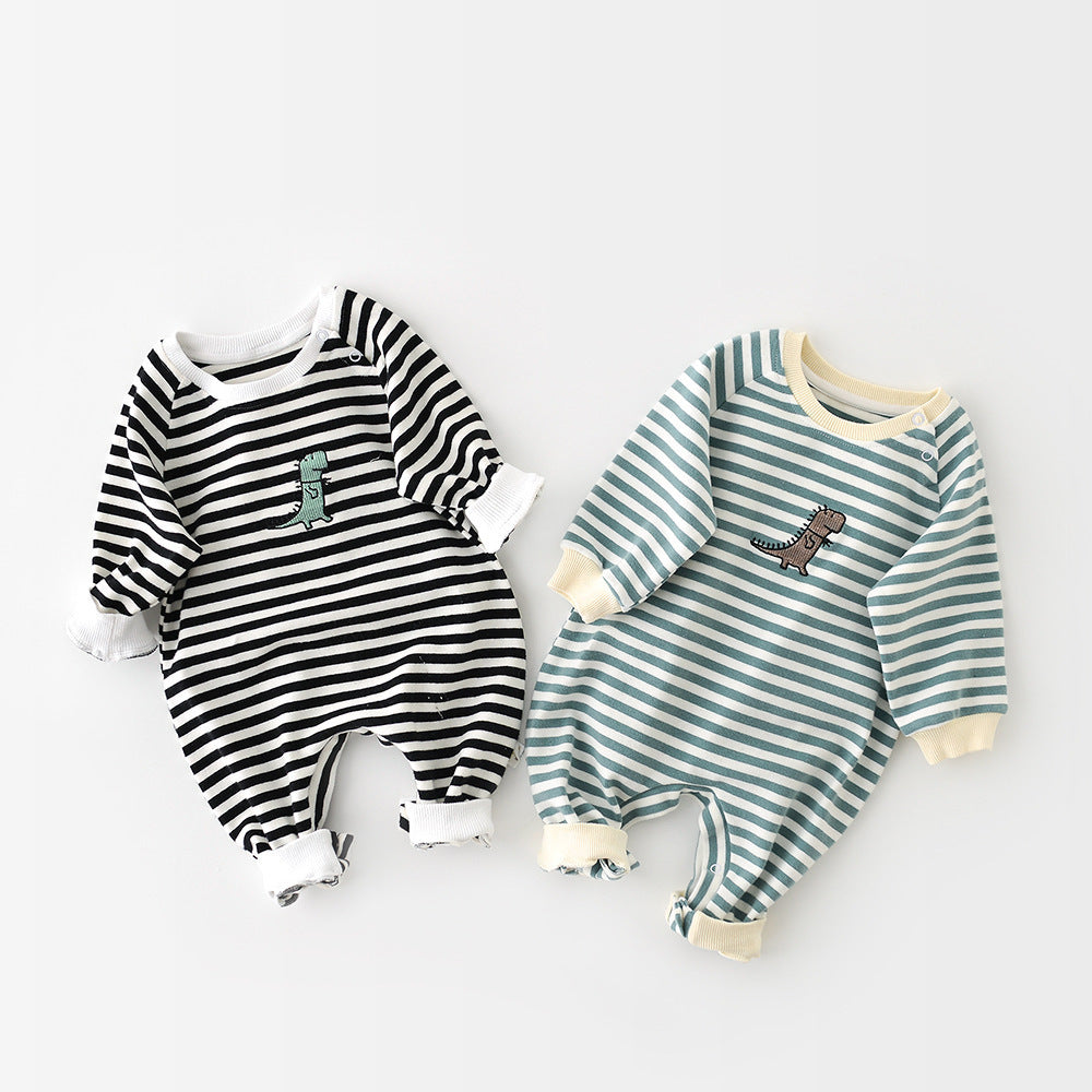 Male And Female Baby Cartoon Striped Dinosaur Embroidery Long-Sleeved Jumpsuit - 𝓢𝓱𝓸𝓹𝓵𝓮𝓬𝔂