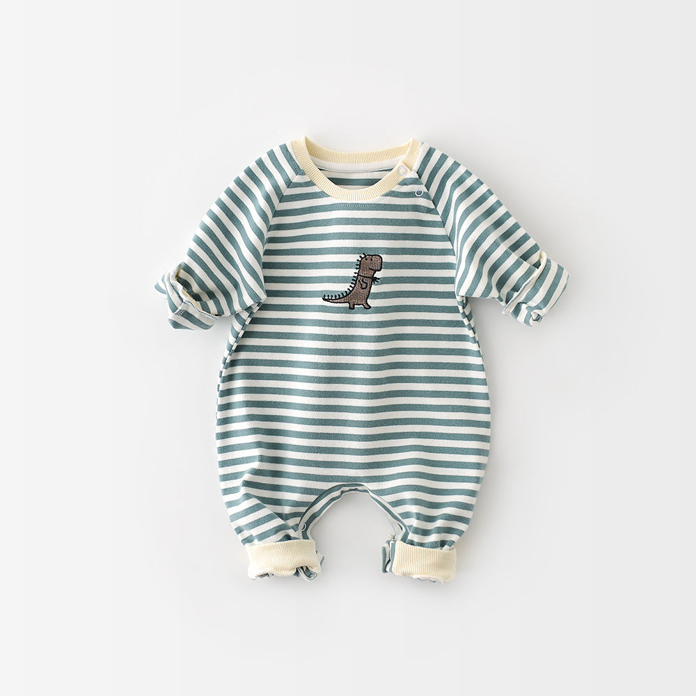 Male And Female Baby Cartoon Striped Dinosaur Embroidery Long-Sleeved Jumpsuit - 𝓢𝓱𝓸𝓹𝓵𝓮𝓬𝔂