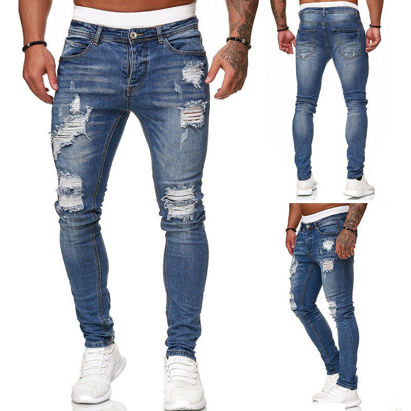 Fashion Street Style Ripped Skinny Jeans Men Vintage Wash Solid Denim Trouser Mens Casual Slim Fit Pencil Denim Pants - 𝓢𝓱𝓸𝓹𝓵𝓮𝓬𝔂