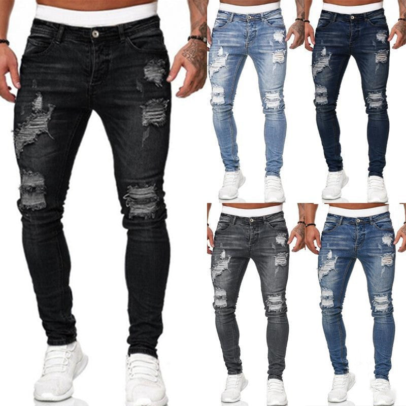 Fashion Street Style Ripped Skinny Jeans Men Vintage Wash Solid Denim Trouser Mens Casual Slim Fit Pencil Denim Pants - 𝓢𝓱𝓸𝓹𝓵𝓮𝓬𝔂