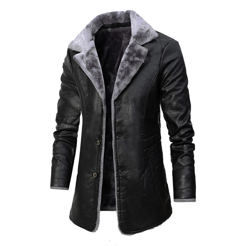 Plush Lapel Leather Jacket Winter Warm Fleece Single-breasted Coat For Men Long Clothing - 𝓢𝓱𝓸𝓹𝓵𝓮𝓬𝔂