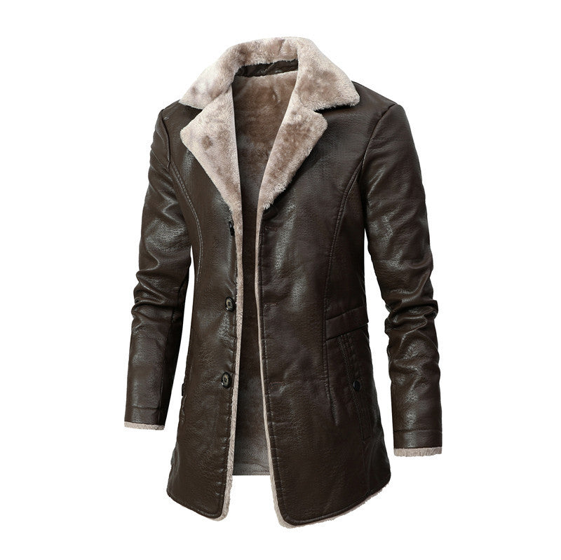 Plush Lapel Leather Jacket Winter Warm Fleece Single-breasted Coat For Men Long Clothing - 𝓢𝓱𝓸𝓹𝓵𝓮𝓬𝔂