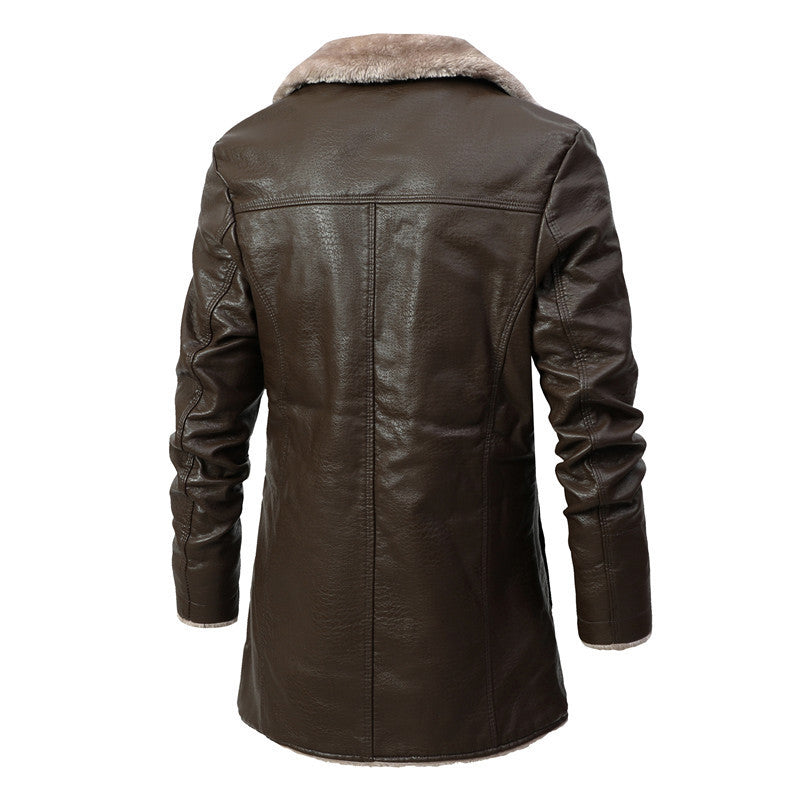 Plush Lapel Leather Jacket Winter Warm Fleece Single-breasted Coat For Men Long Clothing - 𝓢𝓱𝓸𝓹𝓵𝓮𝓬𝔂
