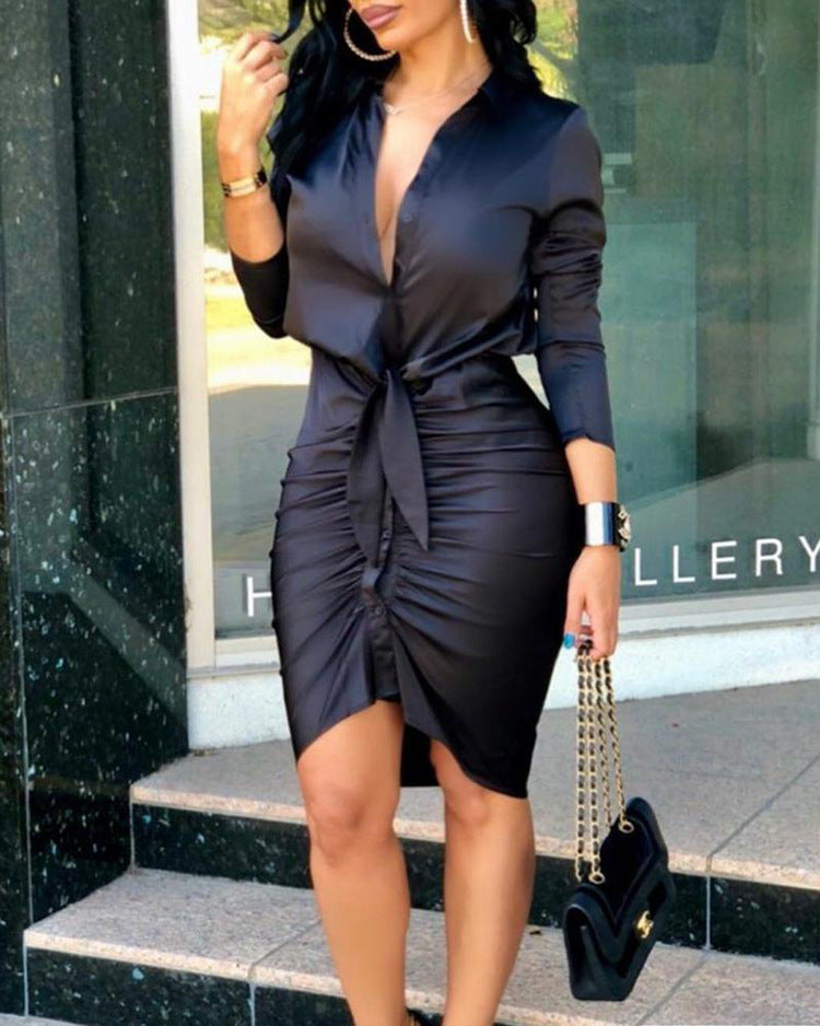 Women Lace-up Solid Color Long Sleeve Midi Dress Shirt Dress Elegant Fashion Party Dress - 𝓢𝓱𝓸𝓹𝓵𝓮𝓬𝔂