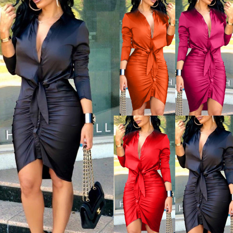Women Lace-up Solid Color Long Sleeve Midi Dress Shirt Dress Elegant Fashion Party Dress - 𝓢𝓱𝓸𝓹𝓵𝓮𝓬𝔂