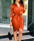 Women Lace-up Solid Color Long Sleeve Midi Dress Shirt Dress Elegant Fashion Party Dress - 𝓢𝓱𝓸𝓹𝓵𝓮𝓬𝔂