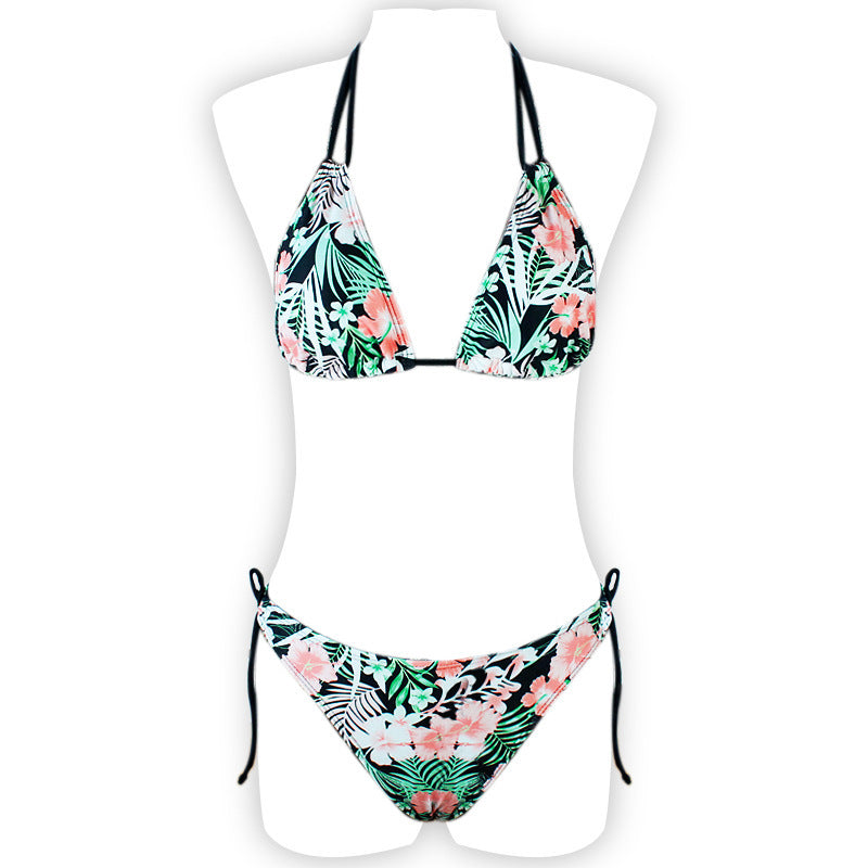 Printed Halter Lace Open Back European and American Sexy Split Bikini Swimsuit
