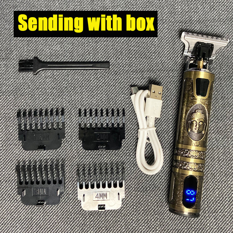 Electric Hair Clipper Oil head Electric hair Clipper LCD Display USB Engraving Buddha Head Retro T9 Scissors Power Generation Push - 𝓢𝓱𝓸𝓹𝓵𝓮𝓬𝔂