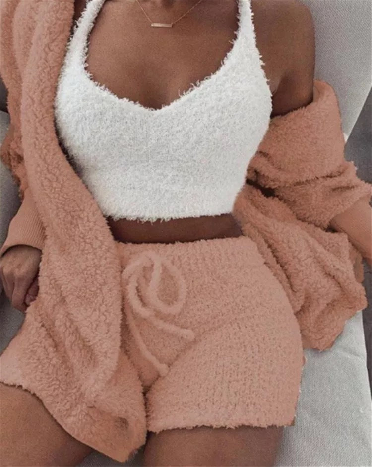 Winter Sexy Women Home Wear Suit Casual Pajamas Set Lady Female Soft Warm Long Sleeve Exposed Navel Vest Shorts Set - 𝓢𝓱𝓸𝓹𝓵𝓮𝓬𝔂