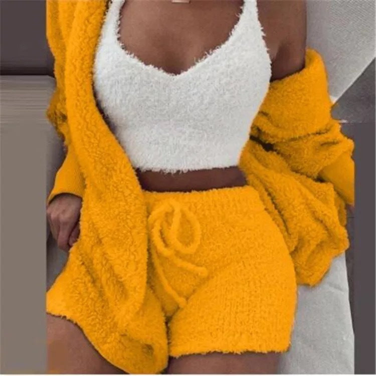 Winter Sexy Women Home Wear Suit Casual Pajamas Set Lady Female Soft Warm Long Sleeve Exposed Navel Vest Shorts Set - 𝓢𝓱𝓸𝓹𝓵𝓮𝓬𝔂
