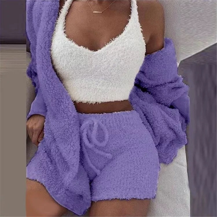 Winter Sexy Women Home Wear Suit Casual Pajamas Set Lady Female Soft Warm Long Sleeve Exposed Navel Vest Shorts Set - 𝓢𝓱𝓸𝓹𝓵𝓮𝓬𝔂