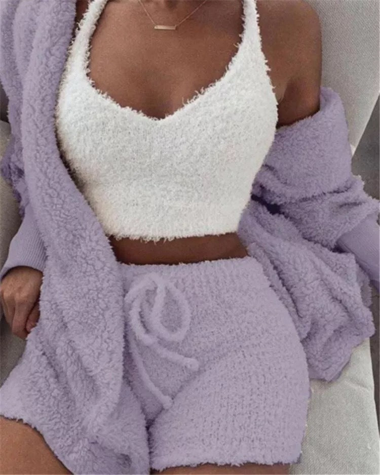 Winter Sexy Women Home Wear Suit Casual Pajamas Set Lady Female Soft Warm Long Sleeve Exposed Navel Vest Shorts Set - 𝓢𝓱𝓸𝓹𝓵𝓮𝓬𝔂
