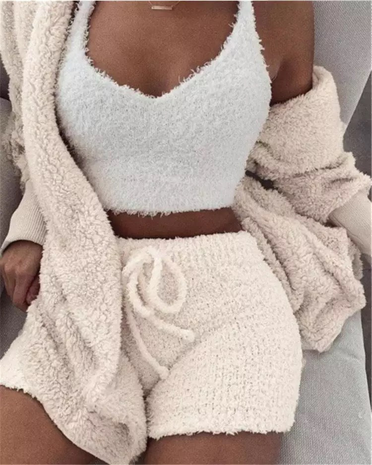 Winter Sexy Women Home Wear Suit Casual Pajamas Set Lady Female Soft Warm Long Sleeve Exposed Navel Vest Shorts Set - 𝓢𝓱𝓸𝓹𝓵𝓮𝓬𝔂