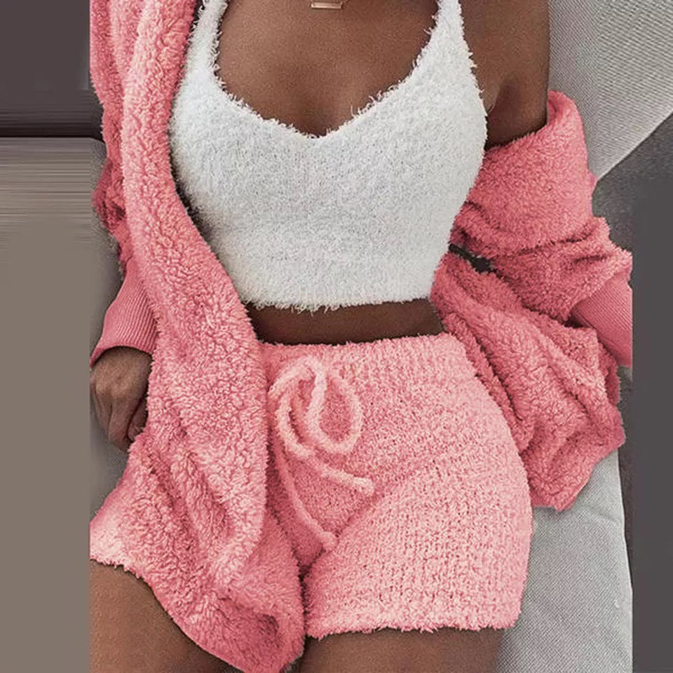 Winter Sexy Women Home Wear Suit Casual Pajamas Set Lady Female Soft Warm Long Sleeve Exposed Navel Vest Shorts Set - 𝓢𝓱𝓸𝓹𝓵𝓮𝓬𝔂
