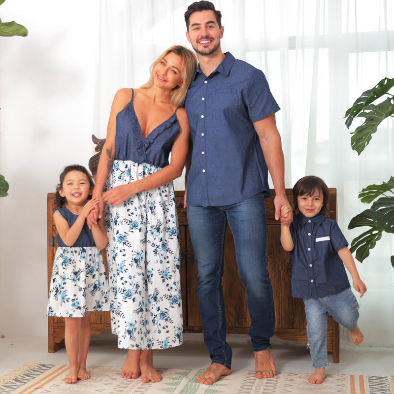 Family Matching Family Denim Sling Skirt Baby Girl Mom Dad Boy Boy Shirt Parent-Child - 𝓢𝓱𝓸𝓹𝓵𝓮𝓬𝔂