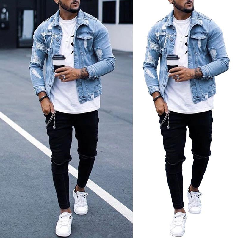Lapel Men's Denim Jacket Ripped Irregular Washed Jacket - 𝓢𝓱𝓸𝓹𝓵𝓮𝓬𝔂