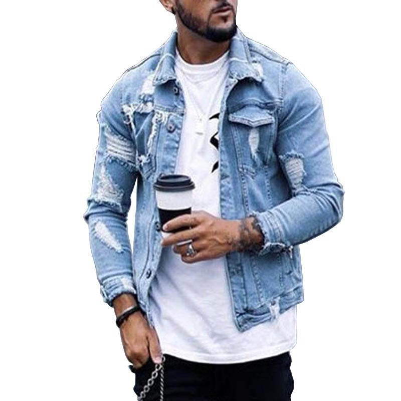 Lapel Men's Denim Jacket Ripped Irregular Washed Jacket - 𝓢𝓱𝓸𝓹𝓵𝓮𝓬𝔂