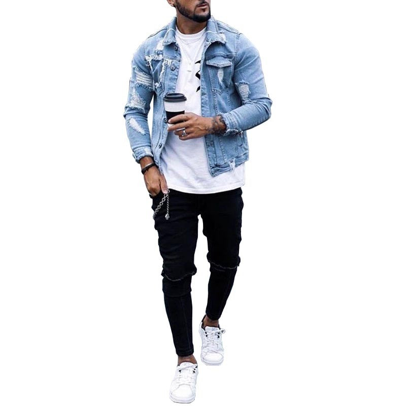 Lapel Men's Denim Jacket Ripped Irregular Washed Jacket - 𝓢𝓱𝓸𝓹𝓵𝓮𝓬𝔂