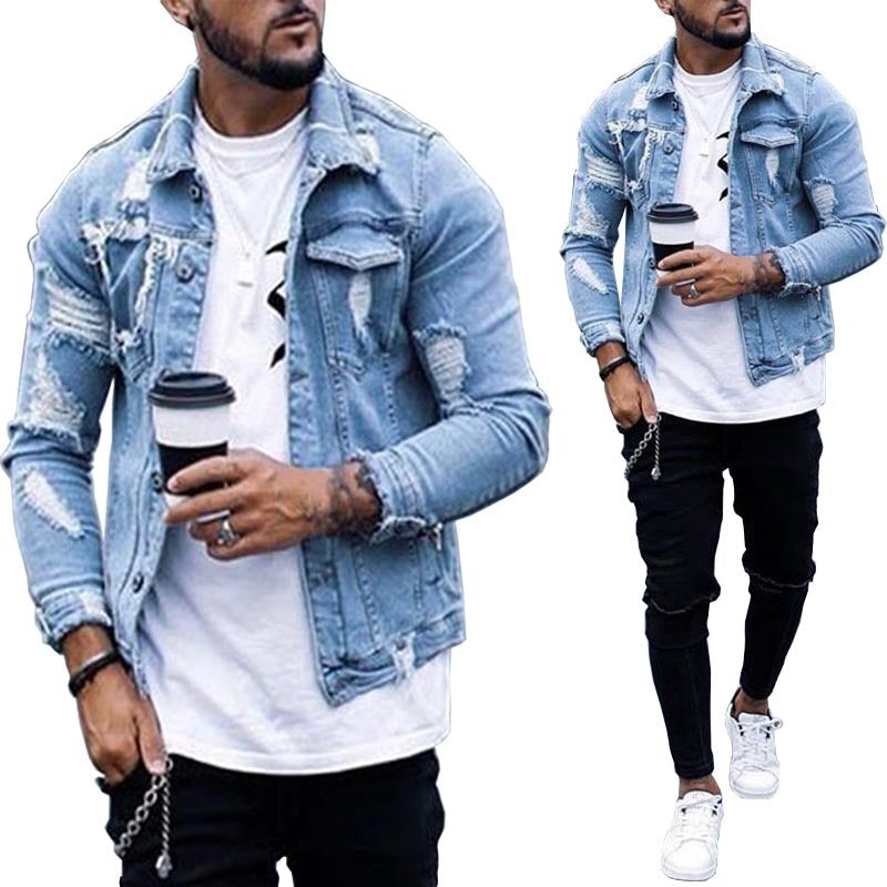 Lapel Men's Denim Jacket Ripped Irregular Washed Jacket - 𝓢𝓱𝓸𝓹𝓵𝓮𝓬𝔂