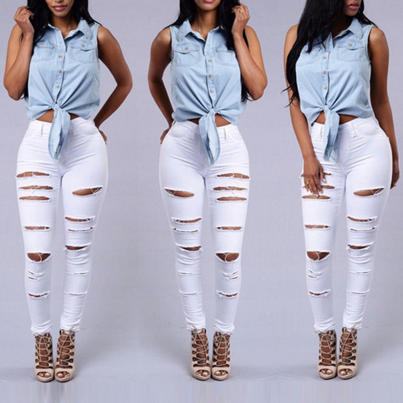 High Quality Women Casual Hole Jeans High Waist Skinny Pant Pencil Jeans Ripped Sexy Female Girls Trousers Denim Jeans - 𝓢𝓱𝓸𝓹𝓵𝓮𝓬𝔂