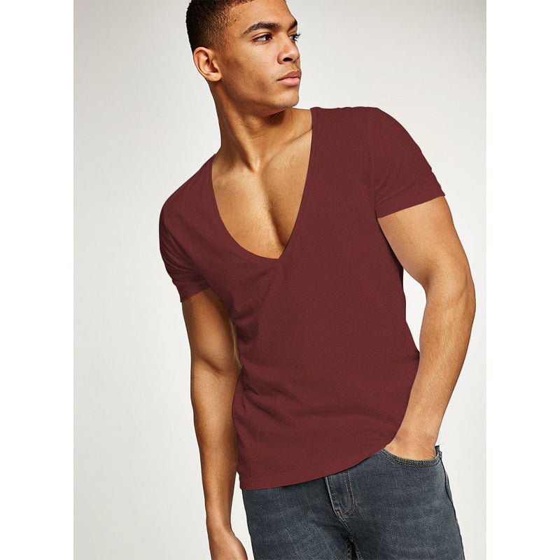 Shirts Men Deep V Neck Short Sleeve Tshirts Summer Streetwear Casual Solid Slim Polyester Tees Gym Fitness Boxing T Shirt Tops - 𝓢𝓱𝓸𝓹𝓵𝓮𝓬𝔂