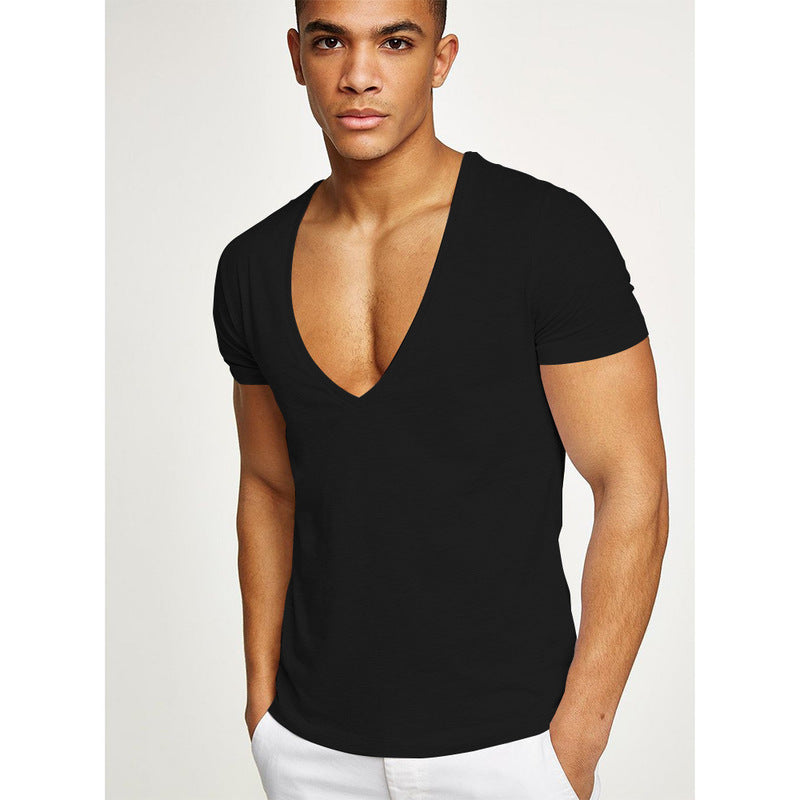 Shirts Men Deep V Neck Short Sleeve Tshirts Summer Streetwear Casual Solid Slim Polyester Tees Gym Fitness Boxing T Shirt Tops - 𝓢𝓱𝓸𝓹𝓵𝓮𝓬𝔂