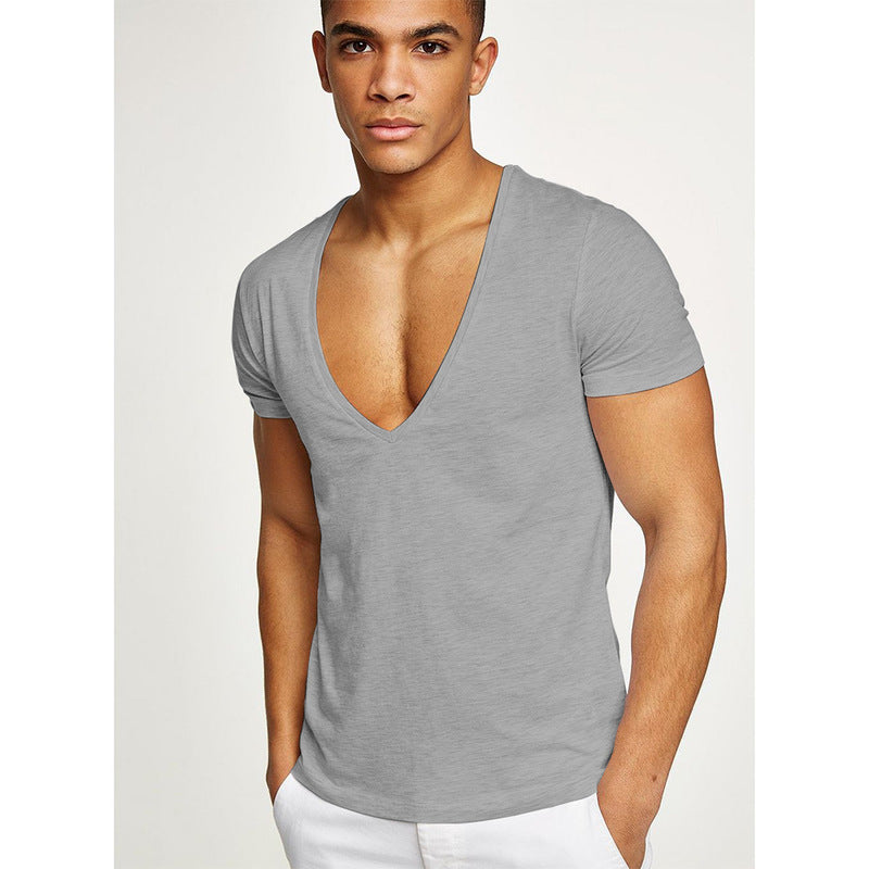 Shirts Men Deep V Neck Short Sleeve Tshirts Summer Streetwear Casual Solid Slim Polyester Tees Gym Fitness Boxing T Shirt Tops - 𝓢𝓱𝓸𝓹𝓵𝓮𝓬𝔂