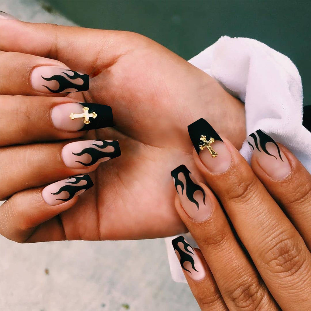 Short Ballet Black Flame French Wearing Nail Fake Nail Nail Patch Waterproof Nail Patch Removable Nail Patch - 𝓢𝓱𝓸𝓹𝓵𝓮𝓬𝔂