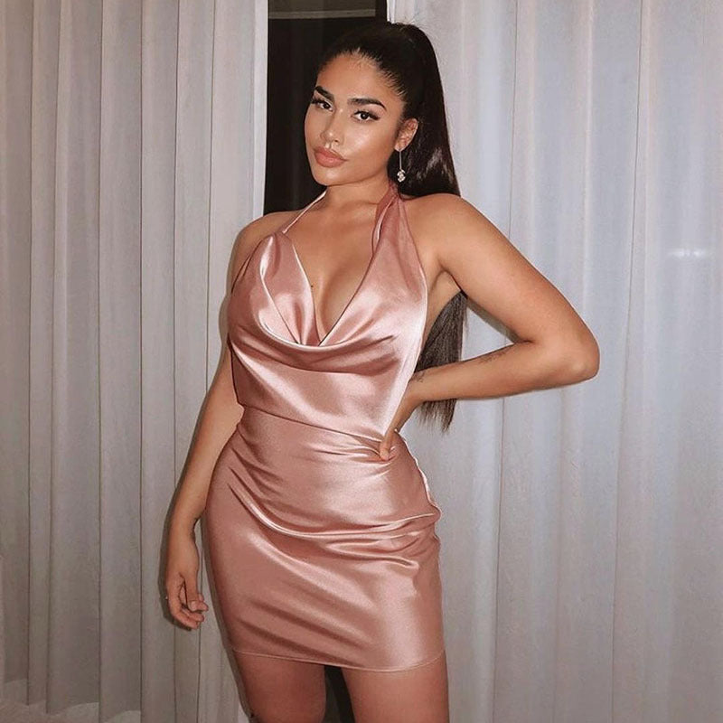 Satin Party Dress V Neck Backless Mini Sleeveless Summer Party Dress - 𝓢𝓱𝓸𝓹𝓵𝓮𝓬𝔂