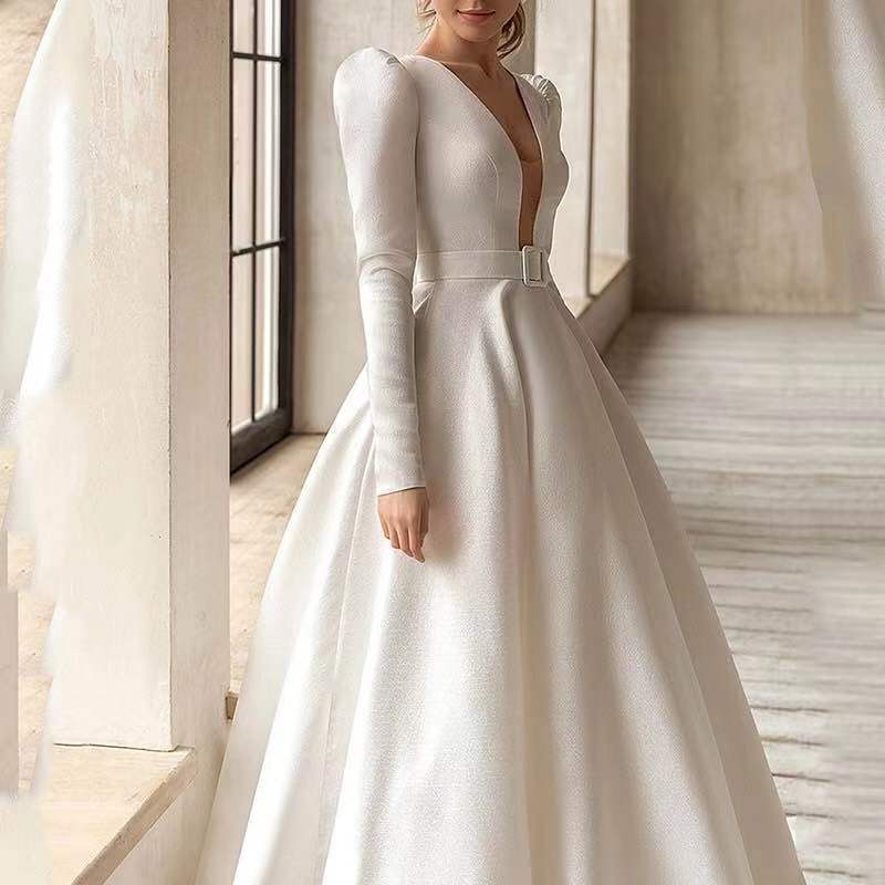 Ladies Style White Dress Satin Surface Was Thin And High French Temperament Dress Long Skirt - 𝓢𝓱𝓸𝓹𝓵𝓮𝓬𝔂