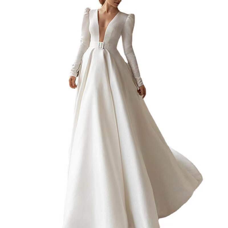 Ladies Style White Dress Satin Surface Was Thin And High French Temperament Dress Long Skirt - 𝓢𝓱𝓸𝓹𝓵𝓮𝓬𝔂