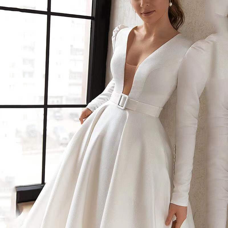 Ladies Style White Dress Satin Surface Was Thin And High French Temperament Dress Long Skirt - 𝓢𝓱𝓸𝓹𝓵𝓮𝓬𝔂