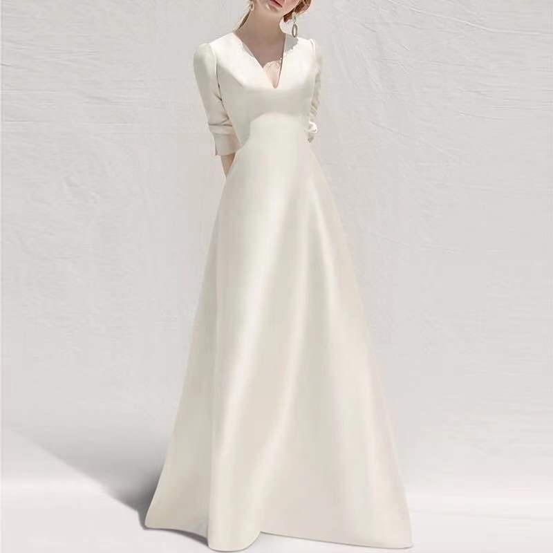 Ladies Style White Dress Satin Surface Was Thin And High French Temperament Dress Long Skirt - 𝓢𝓱𝓸𝓹𝓵𝓮𝓬𝔂