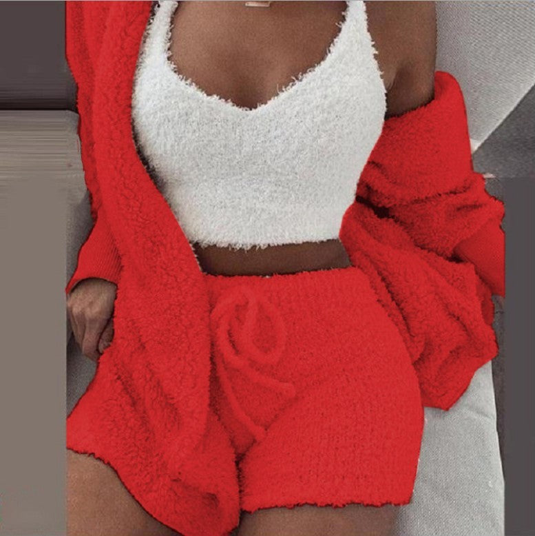 Winter Sexy Women Home Wear Suit Casual Pajamas Set Lady Female Soft Warm Long Sleeve Exposed Navel Vest Shorts Set - 𝓢𝓱𝓸𝓹𝓵𝓮𝓬𝔂