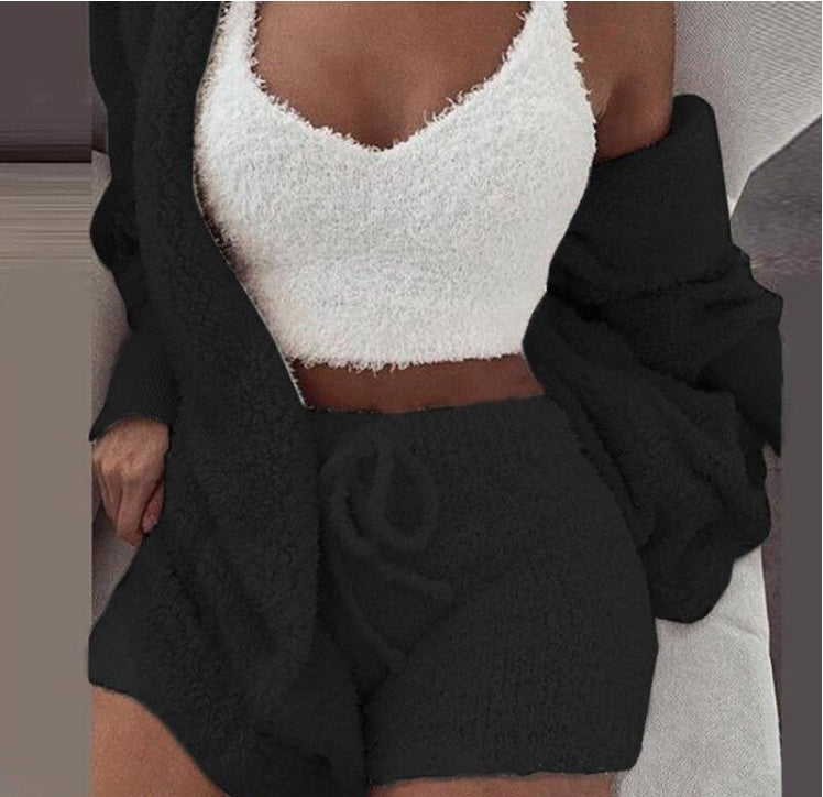 Winter Sexy Women Home Wear Suit Casual Pajamas Set Lady Female Soft Warm Long Sleeve Exposed Navel Vest Shorts Set - 𝓢𝓱𝓸𝓹𝓵𝓮𝓬𝔂