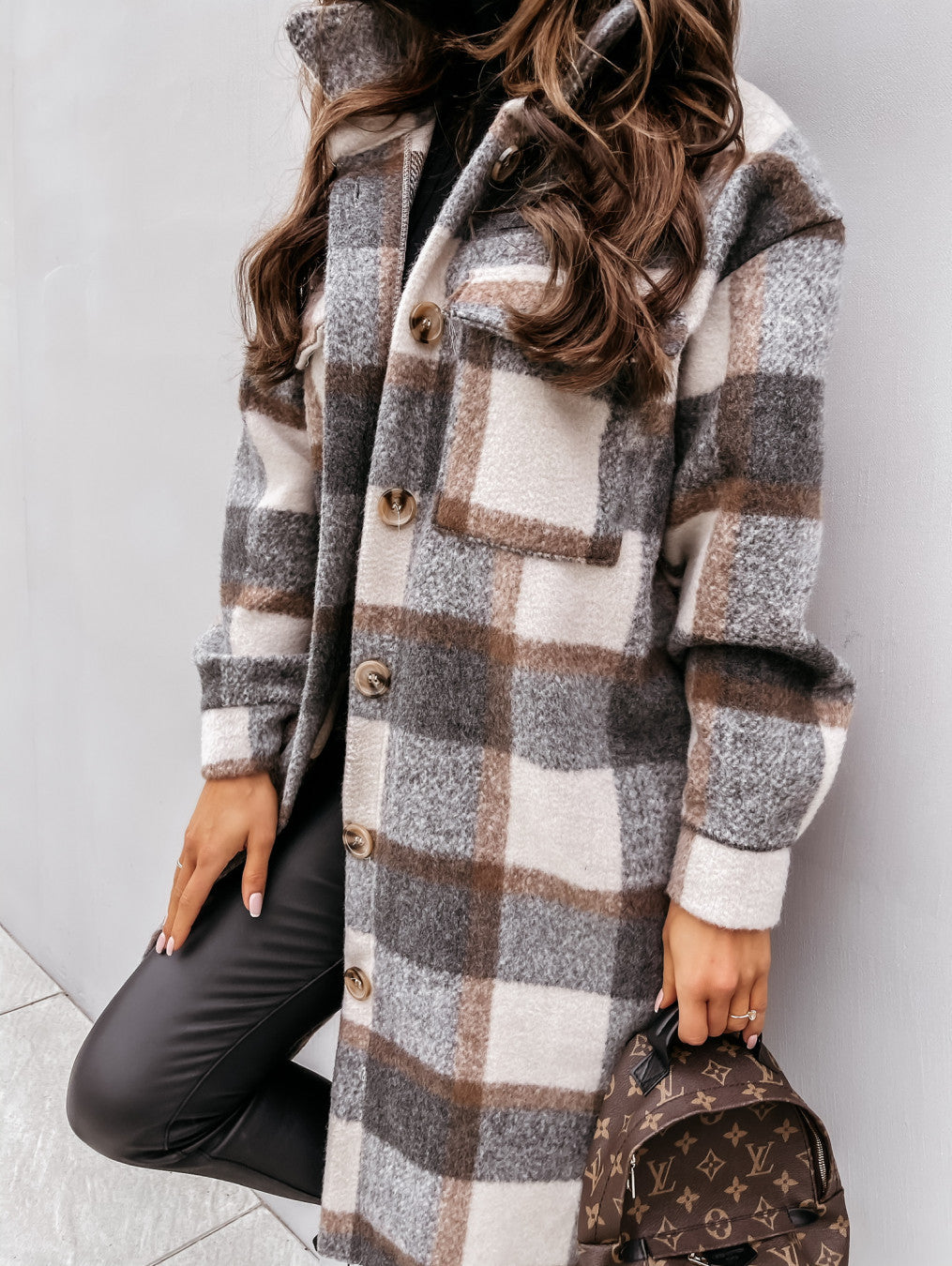 Button Lapel Casual Warm Plaid Long Woolen Coat - 𝓢𝓱𝓸𝓹𝓵𝓮𝓬𝔂