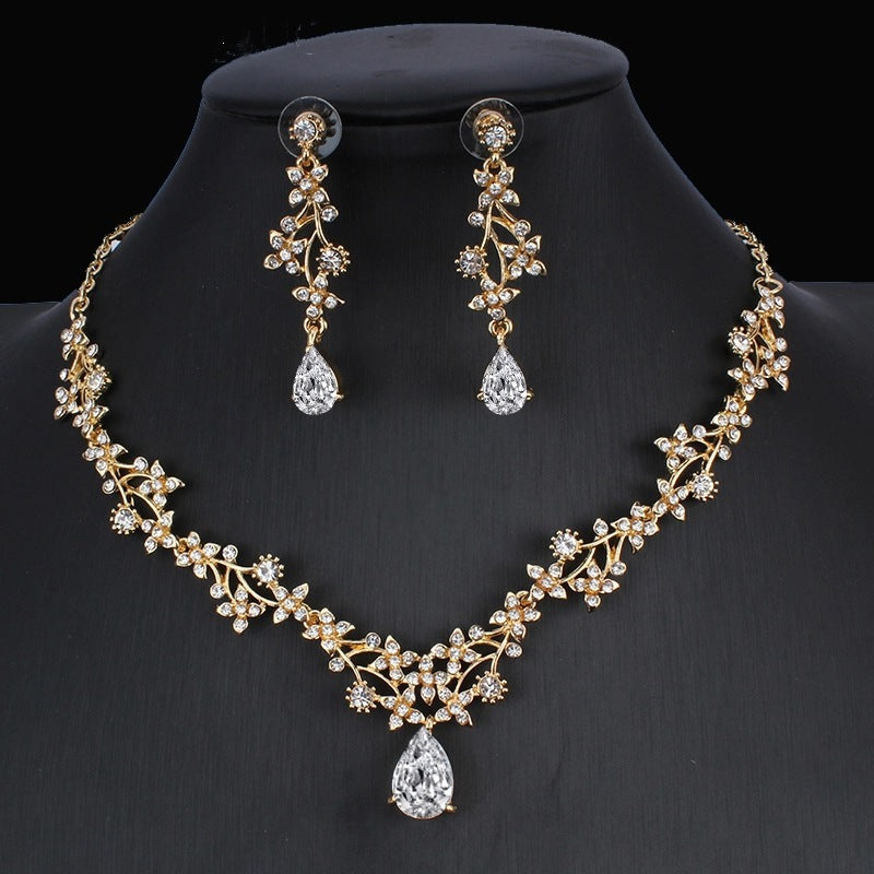 Golden Zircon Jewelry Set Bridal Necklace Earrings Wedding Two-piece Set - 𝓢𝓱𝓸𝓹𝓵𝓮𝓬𝔂