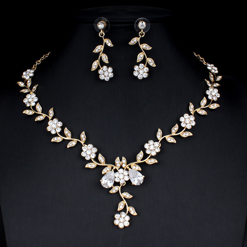 Golden Zircon Jewelry Set Bridal Necklace Earrings Wedding Two-piece Set - 𝓢𝓱𝓸𝓹𝓵𝓮𝓬𝔂