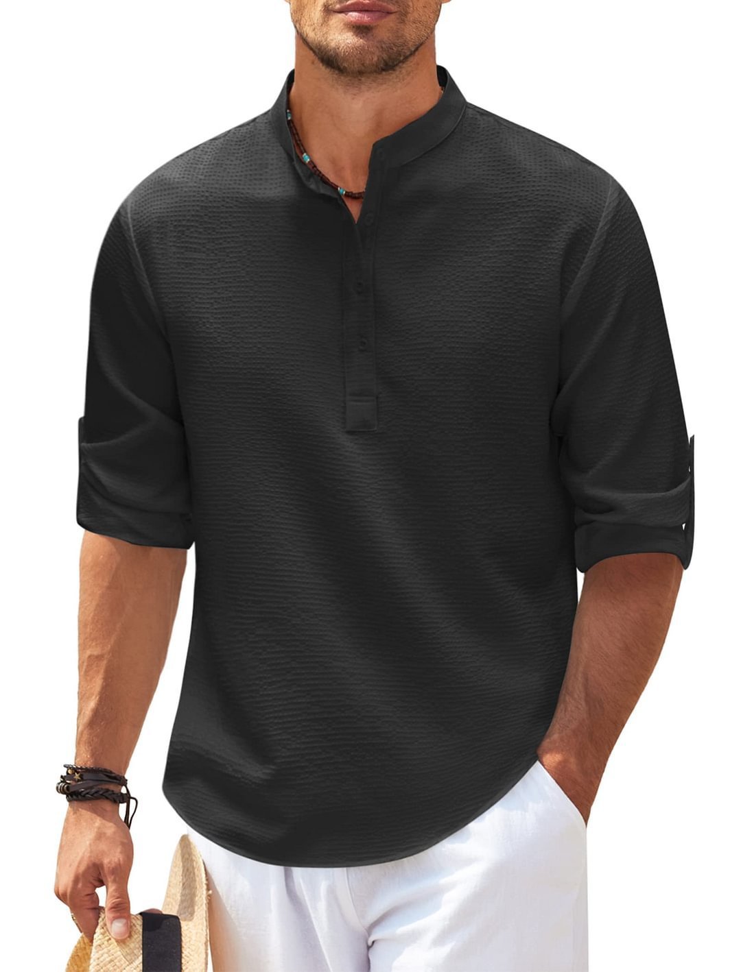 Men's Casual Shirt  Long Sleeve Stand Collar Solid Color Shirt Mens Clothing - 𝓢𝓱𝓸𝓹𝓵𝓮𝓬𝔂