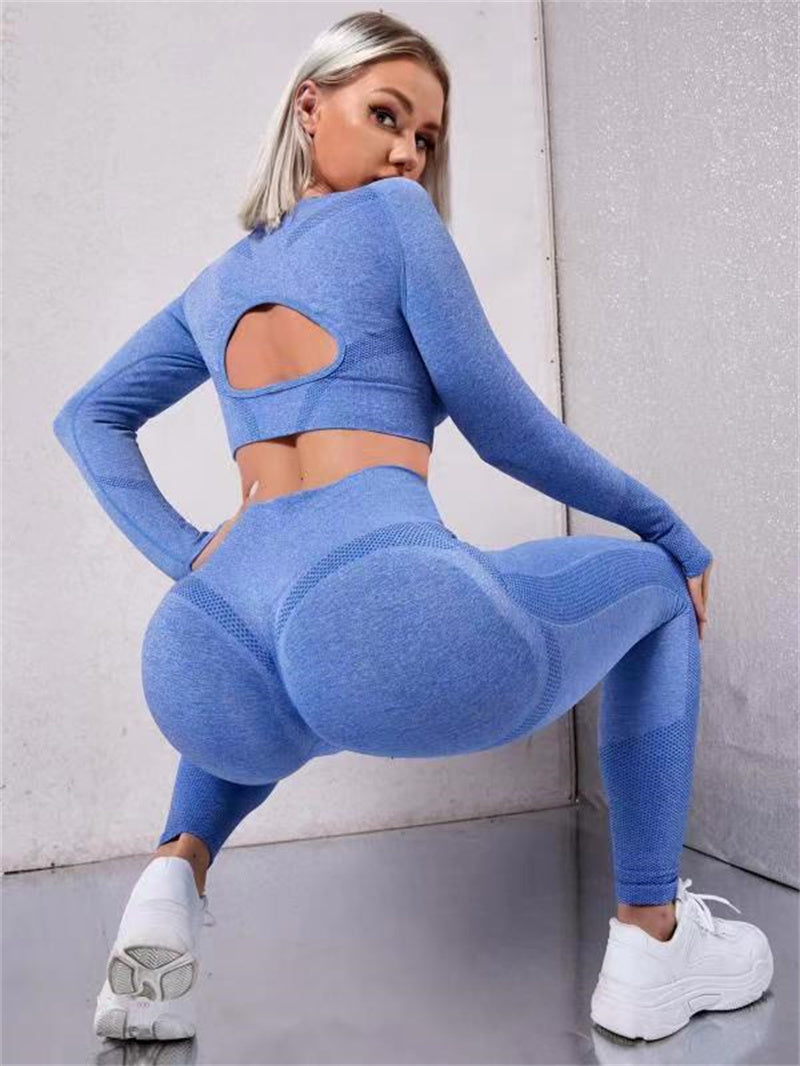 2pcs Sports Suits Long Sleeve Hollow Design Tops And Butt Lifting High Waist Seamless Fitness Leggings Sports Gym Sportswear Outfits Clothing - 𝓢𝓱𝓸𝓹𝓵𝓮𝓬𝔂