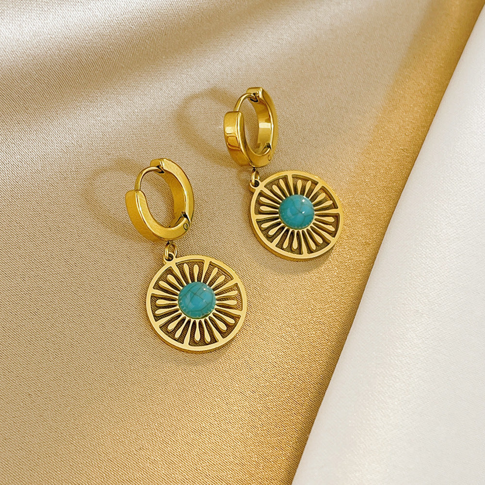 Geometric Round Hollow Earrings Turquoise French Retro - 𝓢𝓱𝓸𝓹𝓵𝓮𝓬𝔂