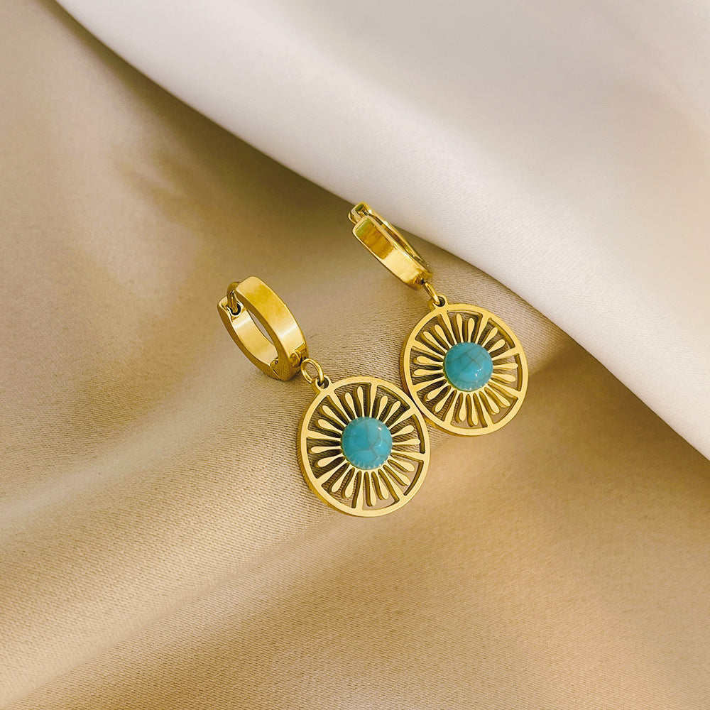 Geometric Round Hollow Earrings Turquoise French Retro - 𝓢𝓱𝓸𝓹𝓵𝓮𝓬𝔂