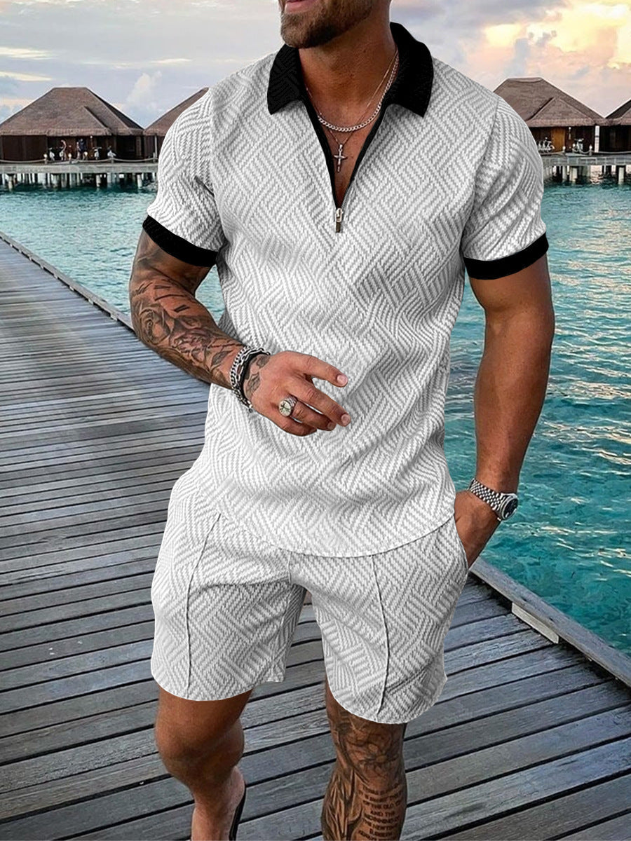 Men's Casual Color Contrast POLO Zip Lapel Shirt Short Sleeve Suit - 𝓢𝓱𝓸𝓹𝓵𝓮𝓬𝔂