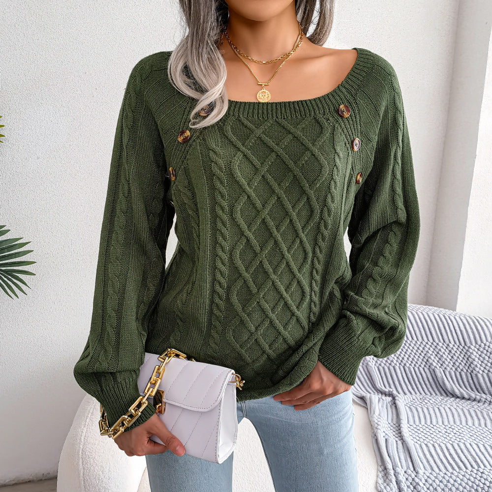 Square Neck Knitted Sweater With Button Design Winter Warm Long Sleeve Tops Women's Clothing - 𝓢𝓱𝓸𝓹𝓵𝓮𝓬𝔂