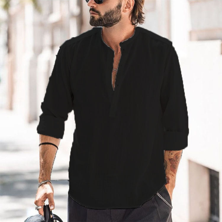Men's Casual Stand-up Collar Door Barrel Solid Color Long-sleeved Shirt - 𝓢𝓱𝓸𝓹𝓵𝓮𝓬𝔂