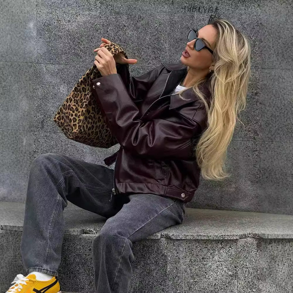 Solid Color Lapel Zipper Jacket Fashion Casual Long Sleeve Leather Coat Tops Women Clothing - 𝓢𝓱𝓸𝓹𝓵𝓮𝓬𝔂