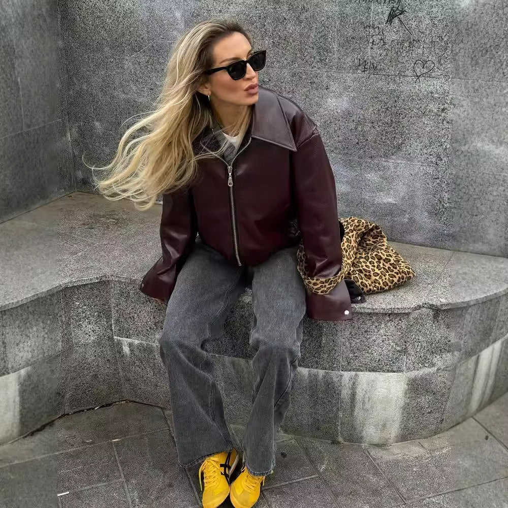 Solid Color Lapel Zipper Jacket Fashion Casual Long Sleeve Leather Coat Tops Women Clothing - 𝓢𝓱𝓸𝓹𝓵𝓮𝓬𝔂