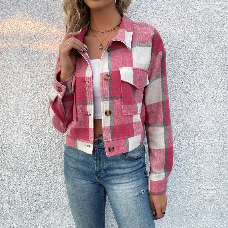 Plaid Lapel Cropped Jacket With Pockets Fashion Button Long Sleeve Short Outwear Tops Coat For Womens Clothing - 𝓢𝓱𝓸𝓹𝓵𝓮𝓬𝔂